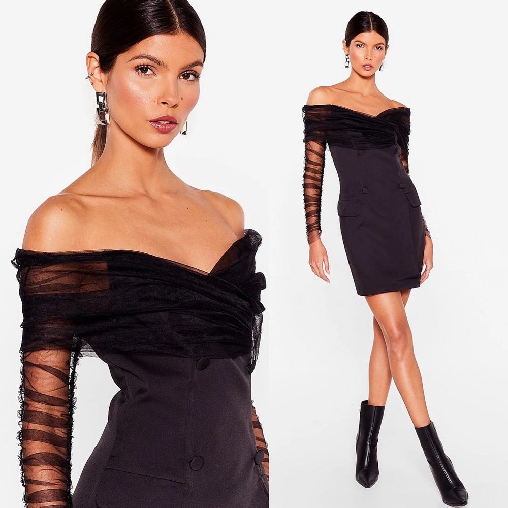 SOLD | Nasty Gal | Mesh off the shoulder Tuxedo Dress